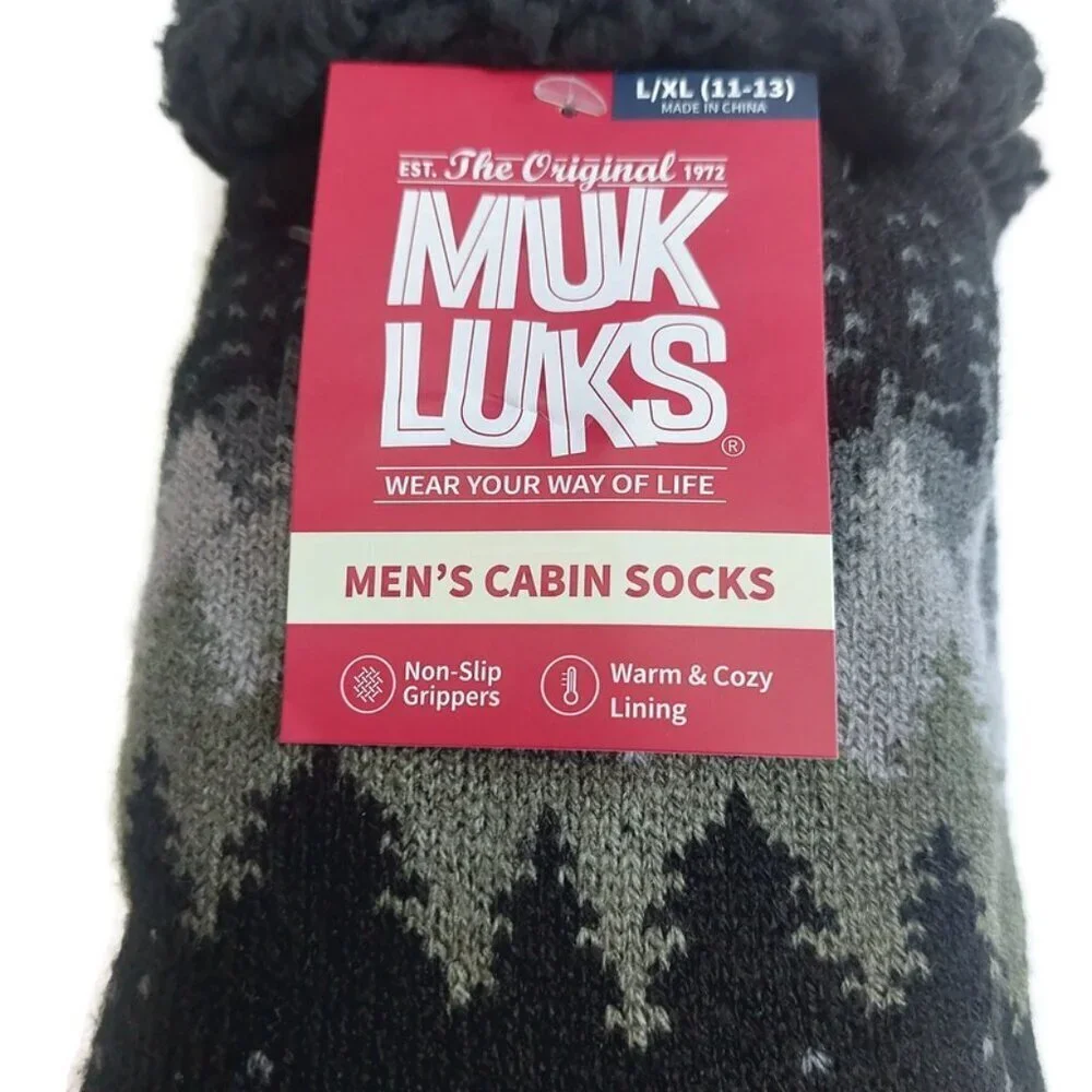 MUK LUKS Mens Cabin Socks L/XL Shoe Size 11/13 Green Tree Multi Warm and Cozy RT